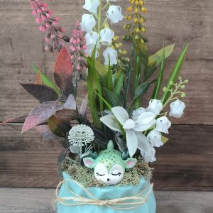 Tavaszváró őzikés dísz, türkiz kaspó