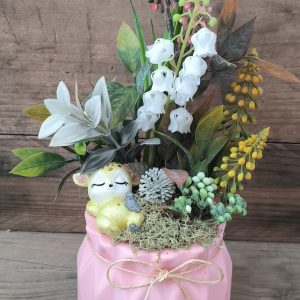 Tavaszváró őzikés dísz, rózsaszín kaspó